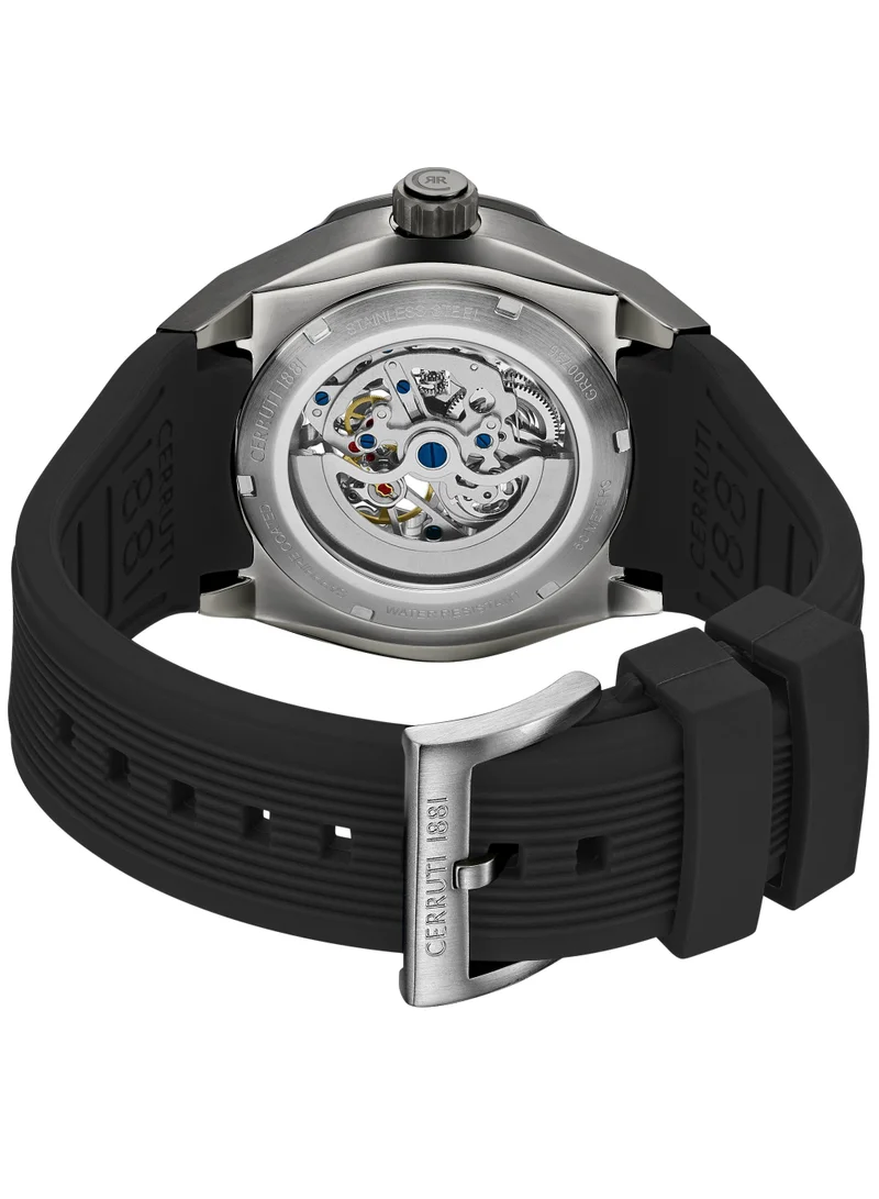 CERRUTI 1881 Men's Ruscello Automatic Watch for Men - Grey & Black Case, Skeletonized Dial, Black Silicone Strap