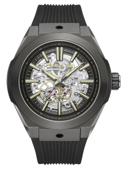 CERRUTI 1881 Men's Ruscello Automatic Watch for Men - Grey & Black Case, Skeletonized Dial, Black Silicone Strap