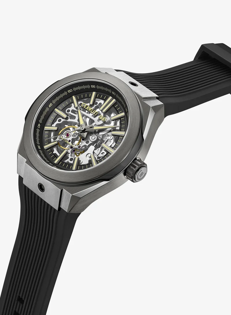 CERRUTI 1881 Ruscello Automatic Watch for Men - Grey & Black Case, Skeletonized Dial, Black Silicone Strap