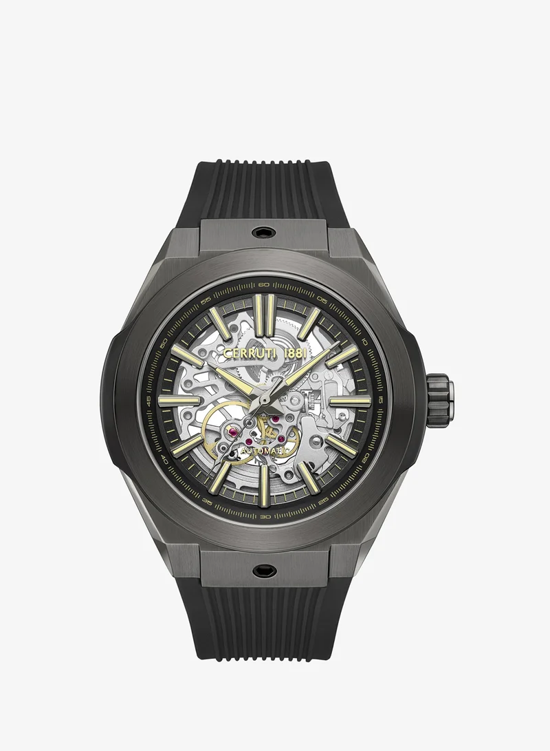 CERRUTI 1881 Ruscello Automatic Watch for Men - Grey & Black Case, Skeletonized Dial, Black Silicone Strap