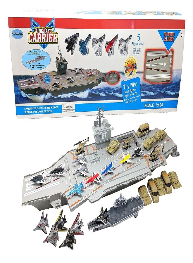 Toy Essentials Large Aircraft Carrier Toy Small Catapult Aircraft Carrier Combo with Fighter Jets and 12 Military Vehicles - Image 1