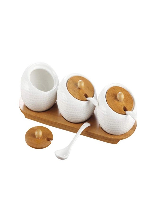 NAIDEV White Ceramic Condiment Jar Storage Best Pottery Cruet Pot with Wooden Spoons Ceramic Sugar BOL Salt Jar with Spoon, Lid, Wooden Coaster, White Spice Serving Sugar, Pepper, Spice (3 pcs) - Image 1