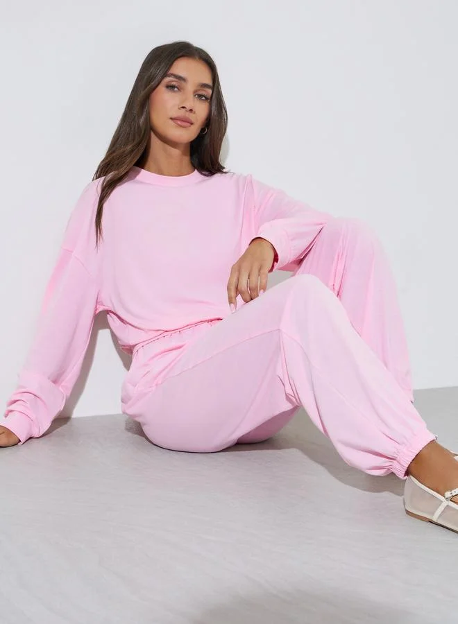 Styli Pink Solid Long Sleeves T-Shirt and Wide leg Joggers Co-Ord Set