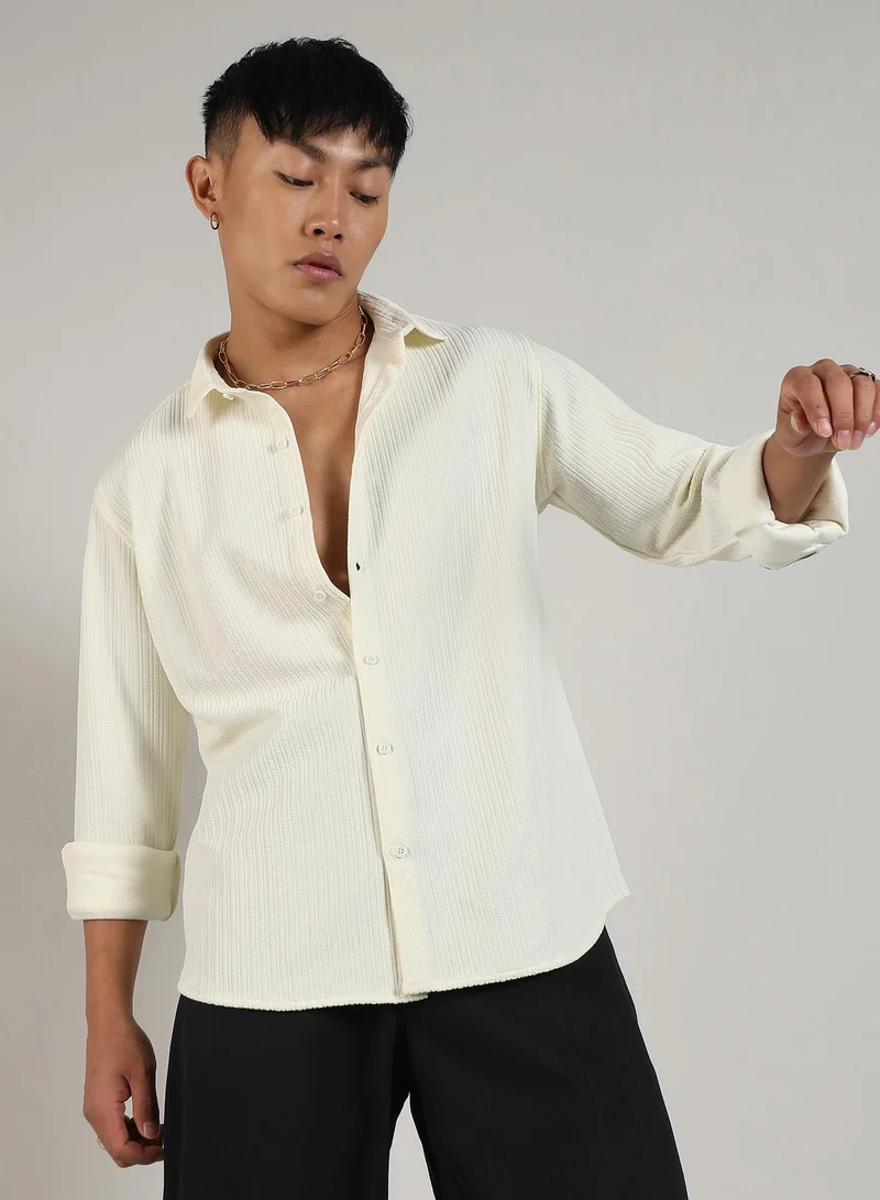 Campus Sutra Men's Pale Yellow Stripe-Creased Shirt