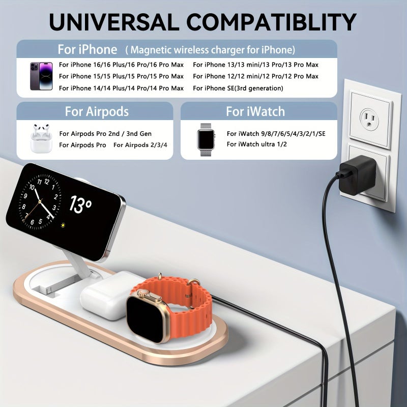 3 In 1 Foldable Wireless Charger Station Golden For iPhone 16 15 14 13 12 Pro Max Pro Mini Plus Compatible With iWatch 10 9 8 7 SE 6 5 4 3 2 Ultra 2 Ultra For Pro 2 3 4 - Image 4