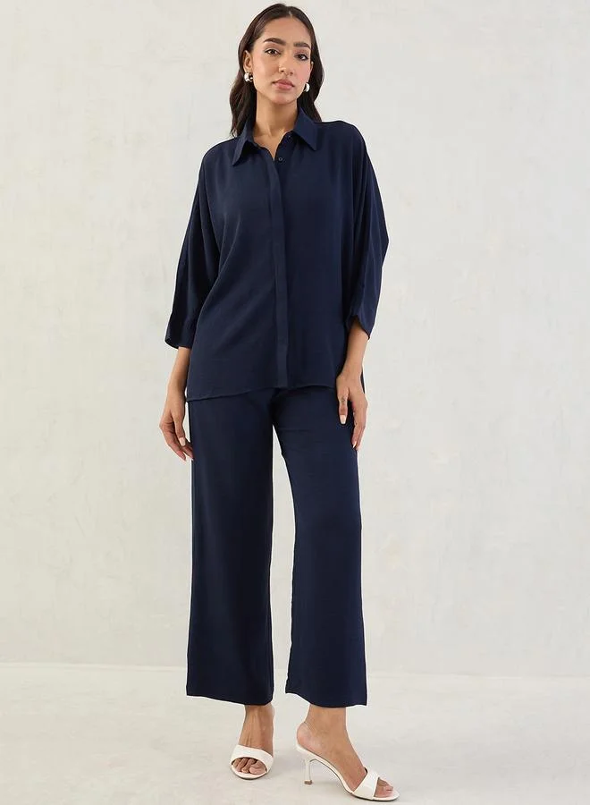 Femmella Navy Kimono Sleeve Shirt and Trousers Co-Ords