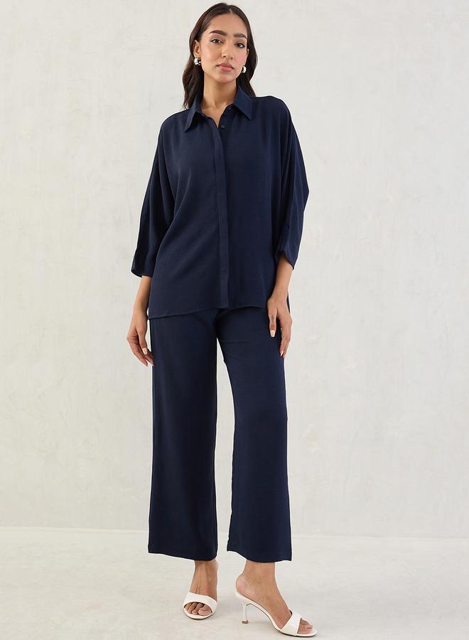 Femmella Navy Kimono Sleeve Shirt and Trousers Co-Ords - Image 1