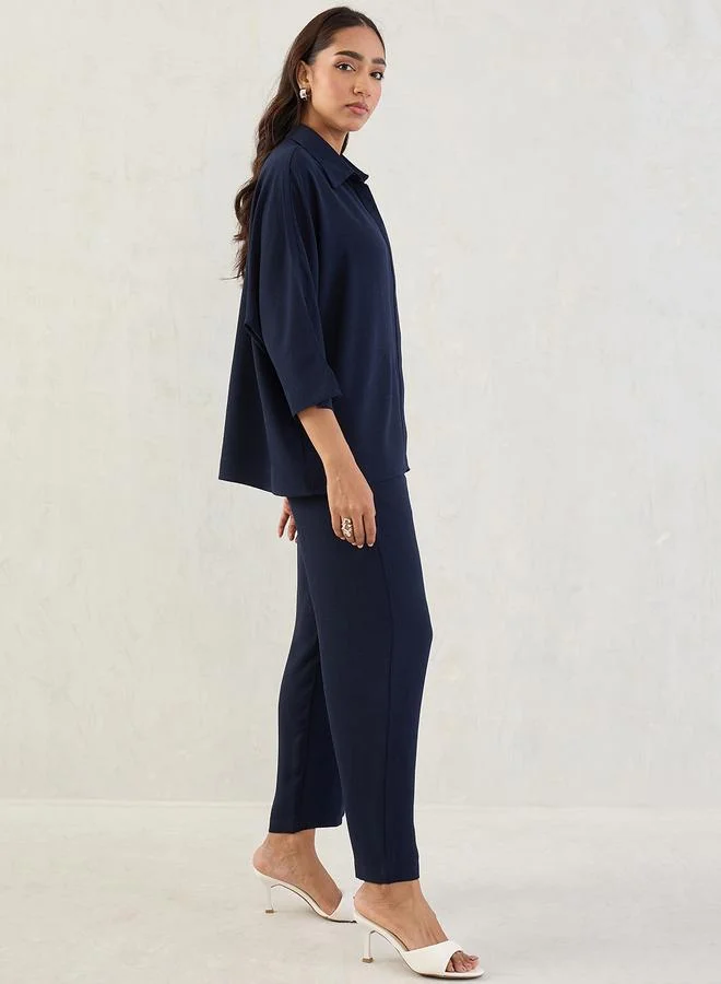 Femmella  Navy Kimono Sleeve Shirt and Trousers Co-Ords for Women | Best Price UAE