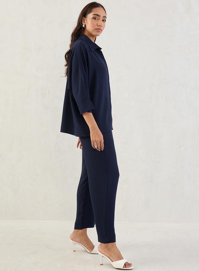 Femmella Navy Kimono Sleeve Shirt and Trousers Co-Ords - Image 3
