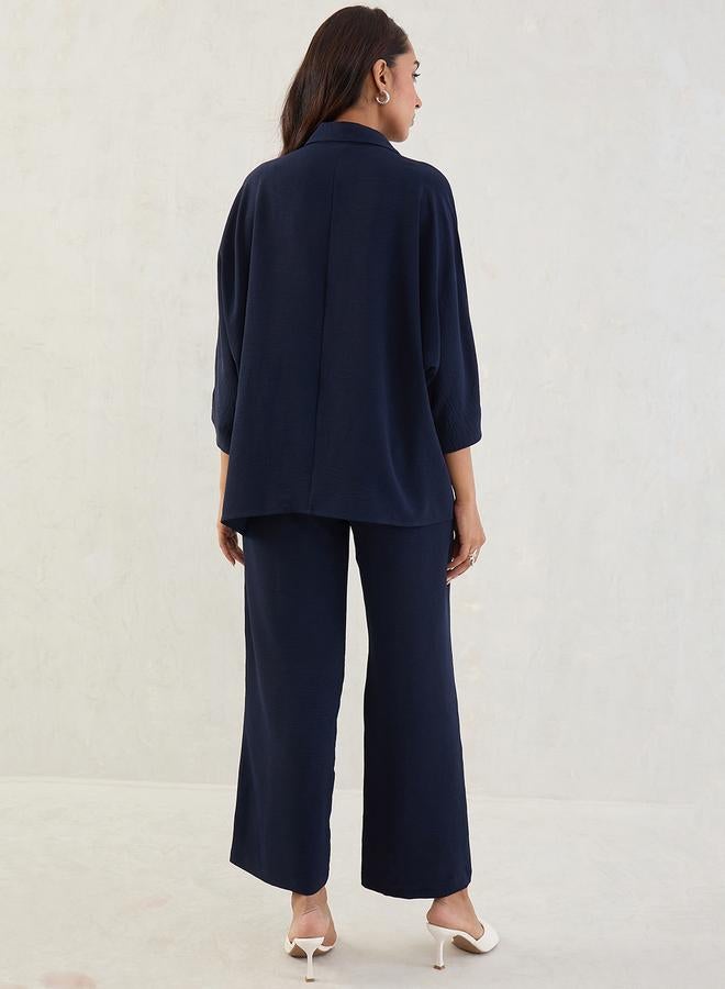 Femmella Navy Kimono Sleeve Shirt and Trousers Co-Ords - Image 2