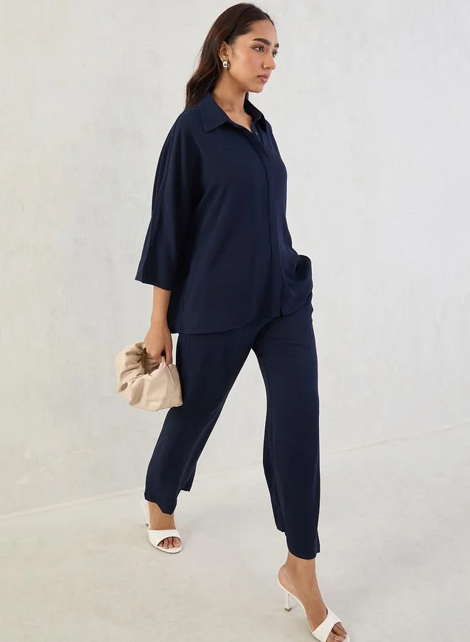 Femmella  Navy Kimono Sleeve Shirt and Trousers Co-Ords for Women | Best Price UAE