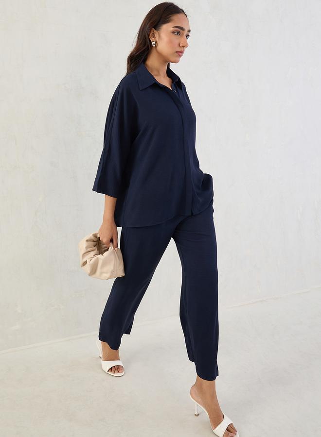 Femmella Navy Kimono Sleeve Shirt and Trousers Co-Ords - Image 5