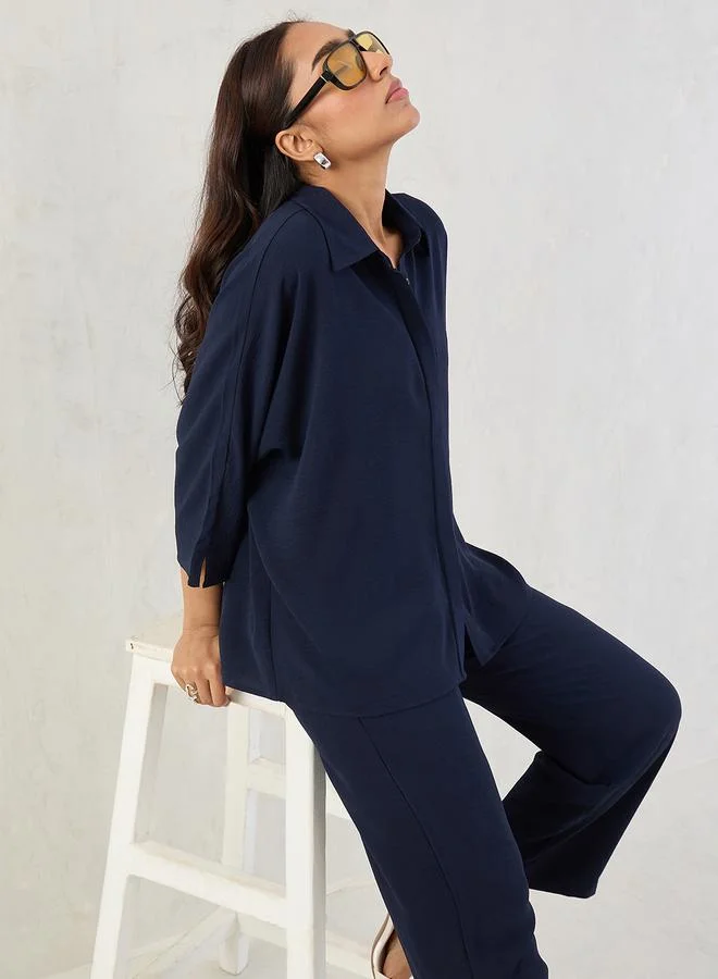 Femmella  Navy Kimono Sleeve Shirt and Trousers Co-Ords for Women | Best Price UAE