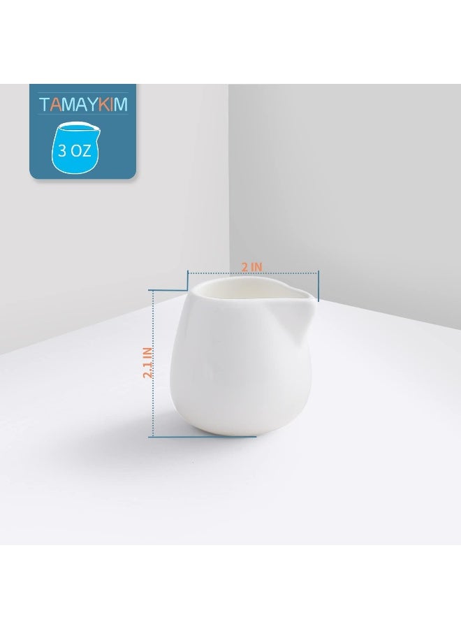 TAMAYKIM 3 oz Ceramic Cream Jugs, Mini Creamer Pitcher, White Porcelain Classic Creamers for Coffee, Tea, Milk, Jam, Sauces, 6 Pack  - Image 3