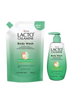 Lacto Calamine 1% Salicylic Acid Body Wash + Refill Pouch|750ml|For Body Acne, Back Acne, Rough & Bumpy Skin|Cica, Aloe Vera, Turmeric & Natural Scrubbing Beads|Paraben-Free|Shower Gel For Men & Women