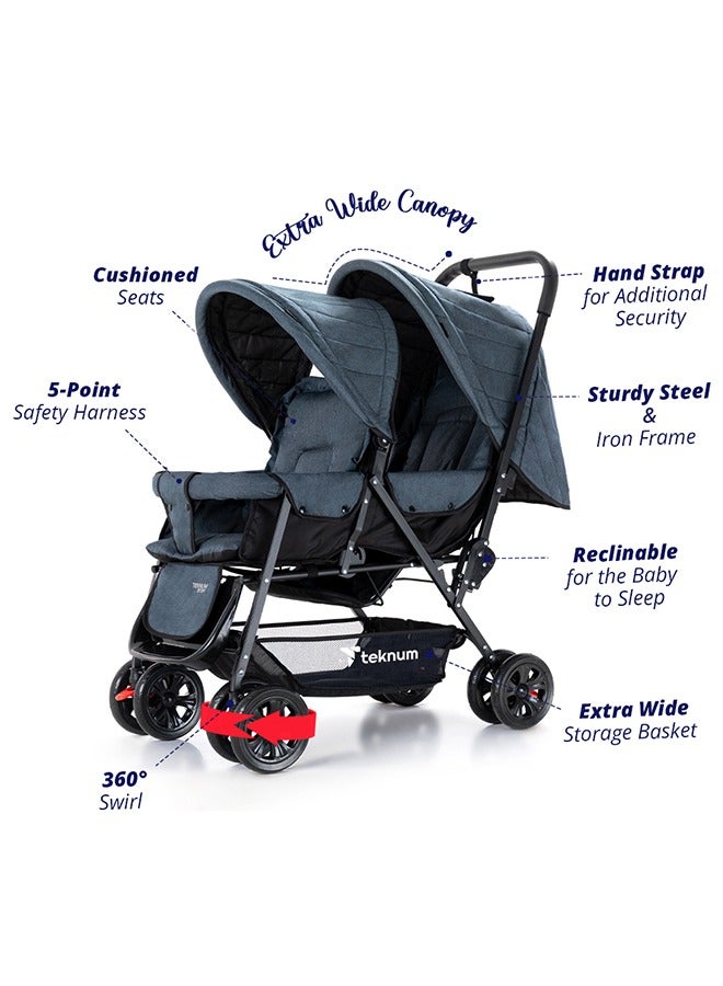 TEKNUM Double Baby Stroller with Hooks - Grey - Image 3