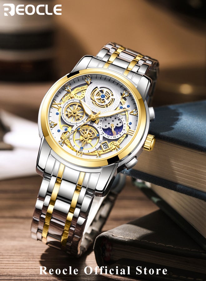 Men's Quartz Watches with Skeletonised Tourbillon Calendar & Waterproof Dial & Luminous Points Classic Luxury Wrist Watches for Men