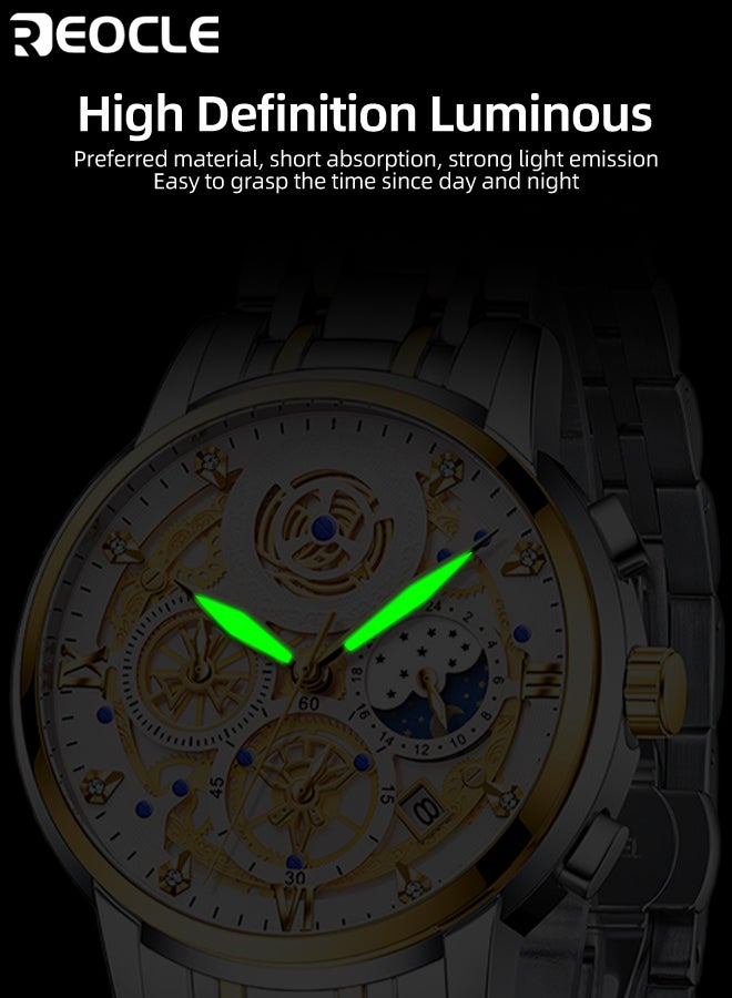 Men's Quartz Watches with Skeletonised Tourbillon Calendar & Waterproof Dial & Luminous Points Classic Luxury Wrist Watches for Men