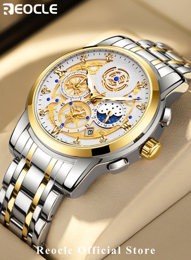 Men's Quartz Watches with Skeletonised Tourbillon Calendar & Waterproof Dial & Luminous Points Classic Luxury Wrist Watches for Men