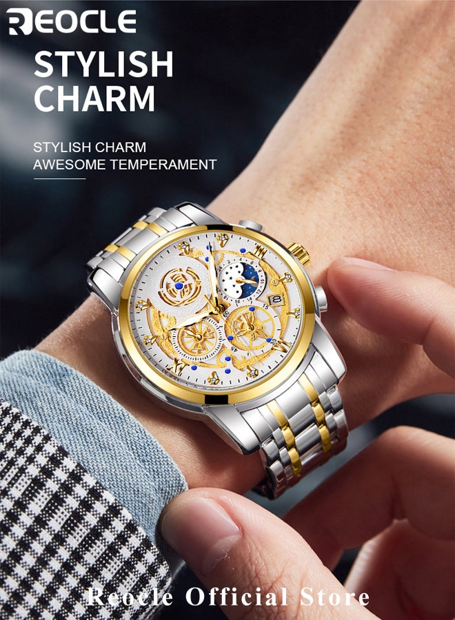 Men's Quartz Watches with Skeletonised Tourbillon Calendar & Waterproof Dial & Luminous Points Classic Luxury Wrist Watches for Men
