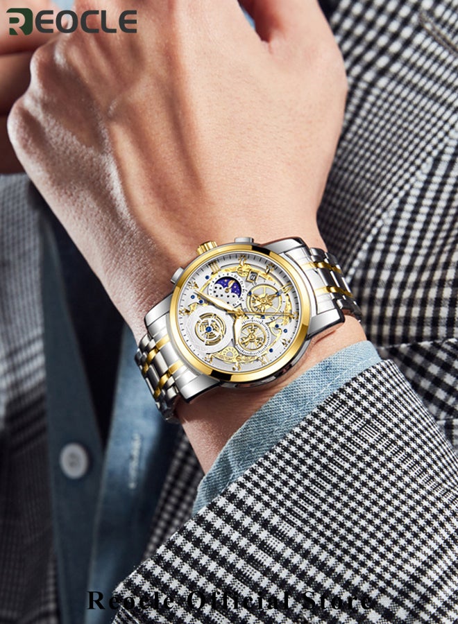 Men's Quartz Watches with Skeletonised Tourbillon Calendar & Waterproof Dial & Luminous Points Classic Luxury Wrist Watches for Men