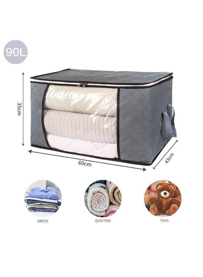 جيه زد اس حقيبة تخزين ملابس JZS سعة 90 لترًا، منظم ذو سعة كبيرة مصنوع من قماش غير منسوج سميك للألحفة وأغطية الأسرة والبطانيات، قابلة للطي مع نافذة شفافة، عبوة من 3 قطع (رمادي) - Image 2