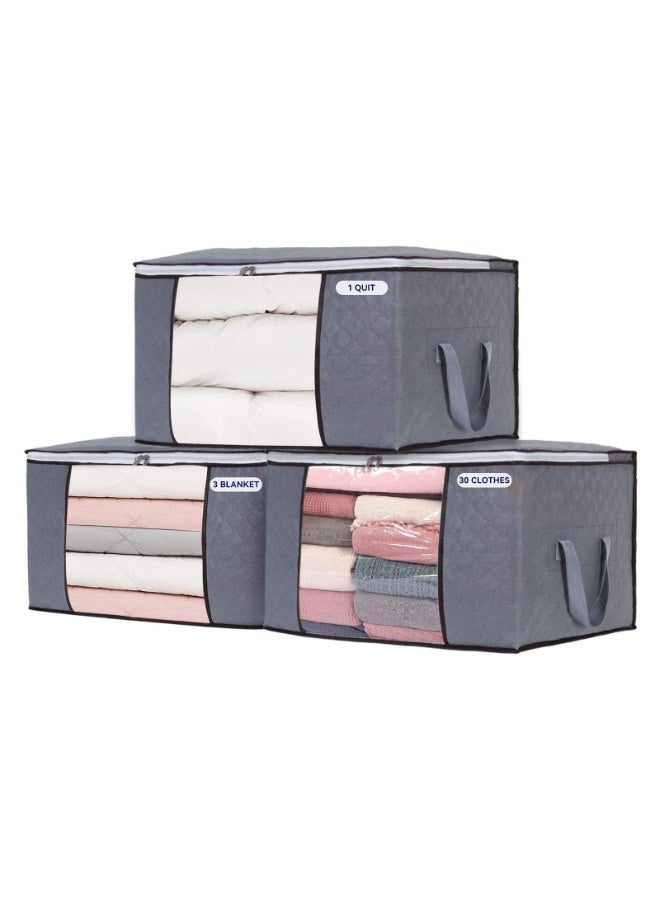 جيه زد اس حقيبة تخزين ملابس JZS سعة 90 لترًا، منظم ذو سعة كبيرة مصنوع من قماش غير منسوج سميك للألحفة وأغطية الأسرة والبطانيات، قابلة للطي مع نافذة شفافة، عبوة من 3 قطع (رمادي) - Image 1