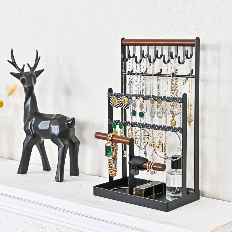 ProCase Jewelry Organizer Stand Necklace Organizer Earring Holder, 6 Tier Jewelry Stand Necklace Holder with 15 Hooks, Jewelry Tower Display Rack Storage Tree for Bracelets Earrings Rings -Black - Image 2