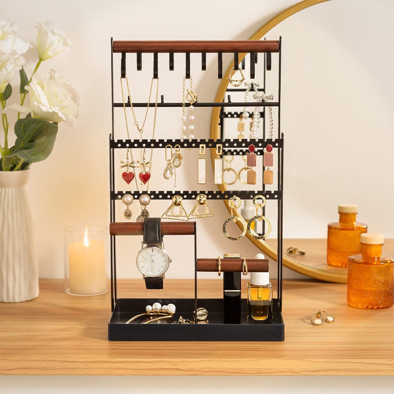 ProCase Jewelry Organizer Stand Necklace Organizer Earring Holder, 6 Tier Jewelry Stand Necklace Holder with 15 Hooks, Jewelry Tower Display Rack Storage Tree for Bracelets Earrings Rings -Black - Image 3