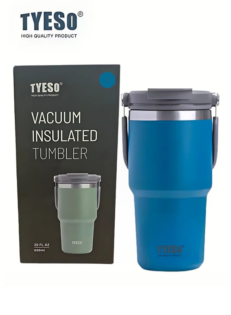 TYESO Stainless Steel Coffee Cup Cold And Hot Double-layer Insulated Cup Tumbler Thermo Water Bottle with Straw and Handle (Blue) 600ml - Image 1