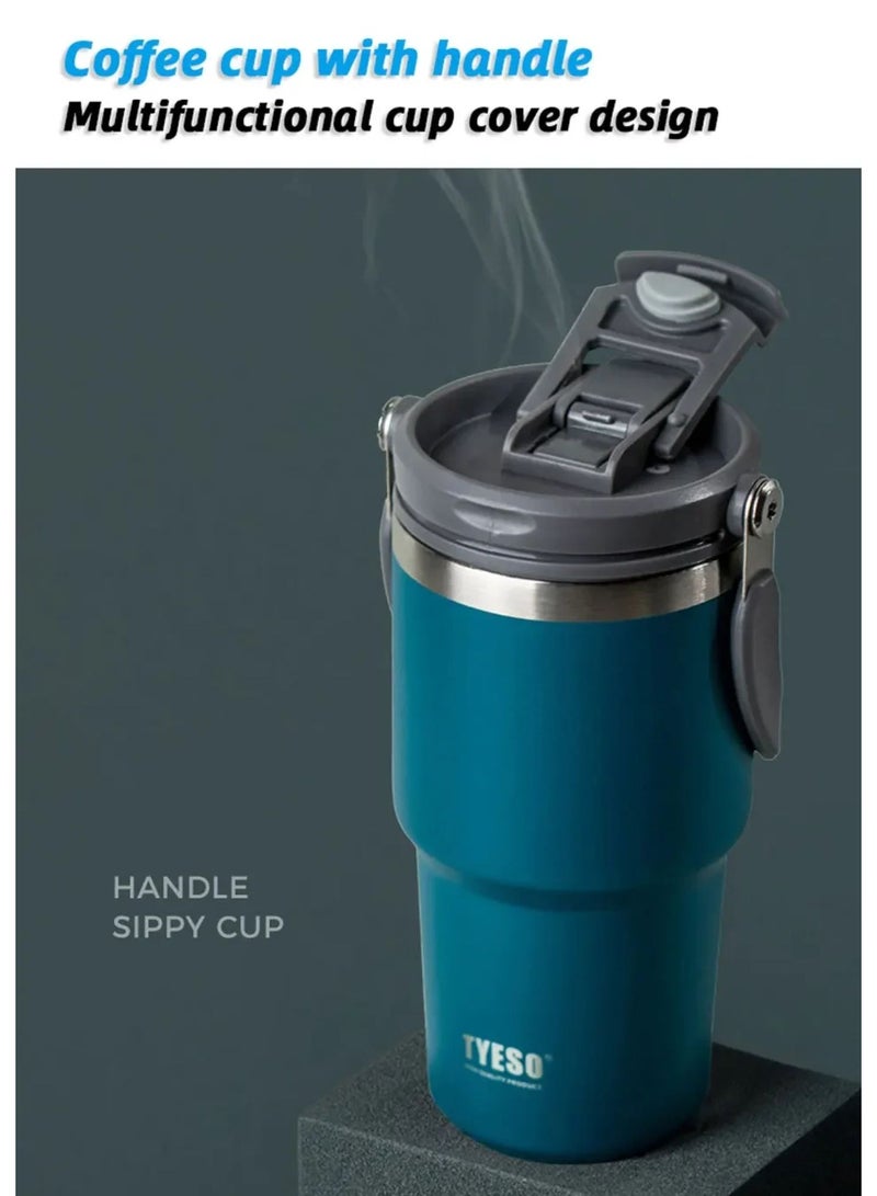 TYESO Stainless Steel Coffee Cup Cold And Hot Double-layer Insulated Cup Tumbler Thermo Water Bottle with Straw and Handle (Blue) 600ml - Image 2
