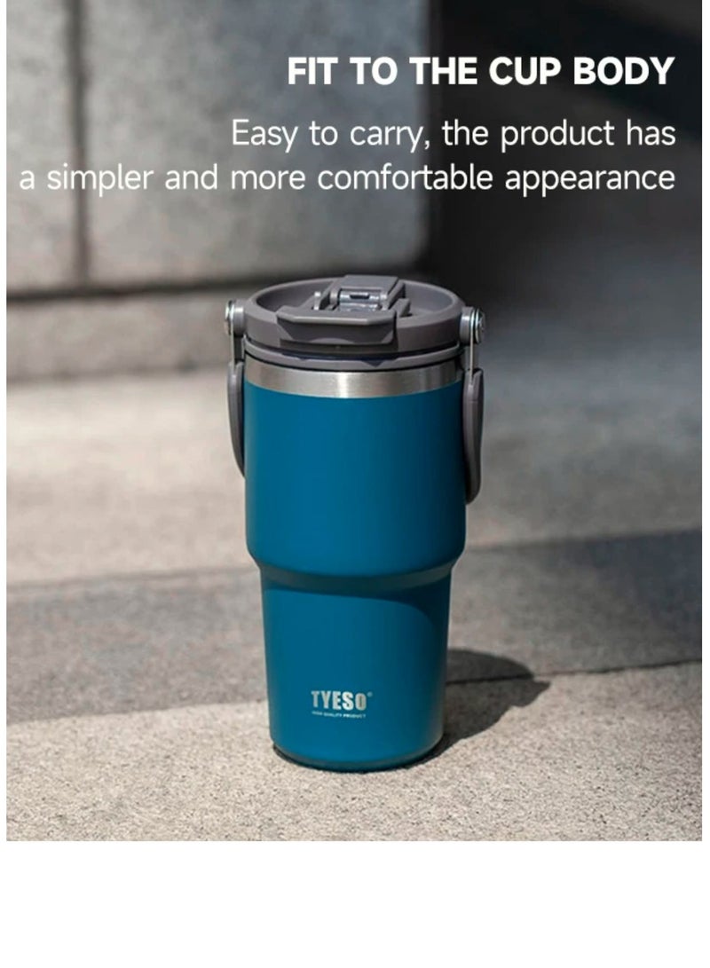 TYESO Stainless Steel Coffee Cup Cold And Hot Double-layer Insulated Cup Tumbler Thermo Water Bottle with Straw and Handle (Blue) 600ml - Image 3