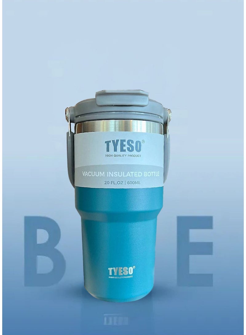 TYESO Stainless Steel Coffee Cup Cold And Hot Double-layer Insulated Cup Tumbler Thermo Water Bottle with Straw and Handle (Blue) 600ml - Image 4