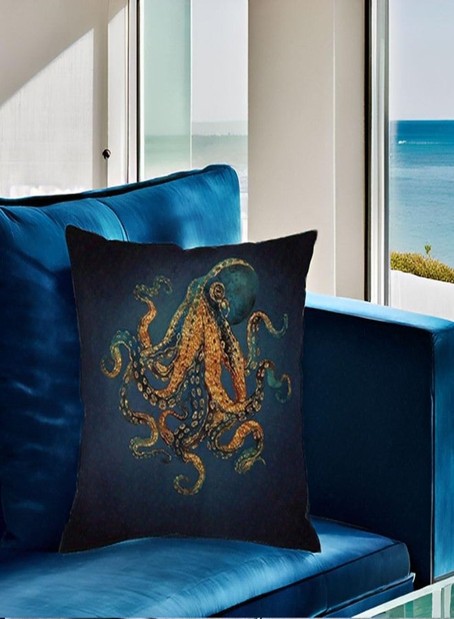 Andreannie Pack of 4,Ink Painting Marine Octopus Squid Sea Animals Cotton Linen Decorative Throw Pillow Case Personalized Cushion Cover for Sofa Couch Bed Square 18 X 18 Inches - Image 4