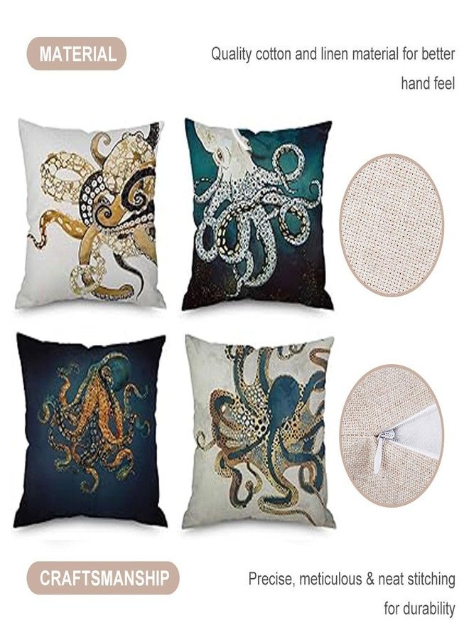 Andreannie Pack of 4,Ink Painting Marine Octopus Squid Sea Animals Cotton Linen Decorative Throw Pillow Case Personalized Cushion Cover for Sofa Couch Bed Square 18 X 18 Inches - Image 2