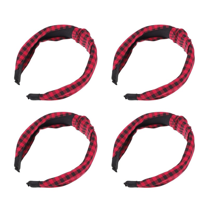 4Pcs Wide Knotted Grid Headbands For Women Vintage Chic Fitness Yoga Hair Accessories Deep Red - Image 1