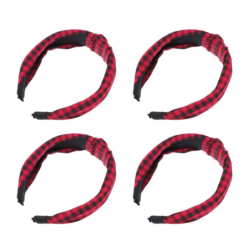 4Pcs Wide Knotted Grid Headbands For Women Vintage Chic Fitness Yoga Hair Accessories Deep Red - Image 2