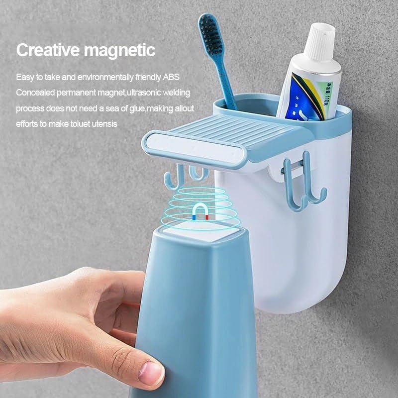 Abhaymart Toothbrush Toothpaste Holder Magnetic Cup Bathroom Storage Rack Wall Mount Tools Home Cleaner Accessories Hole Free Suction Couple Mouthwash (Pack of 1, Multi-Color) - Image 2