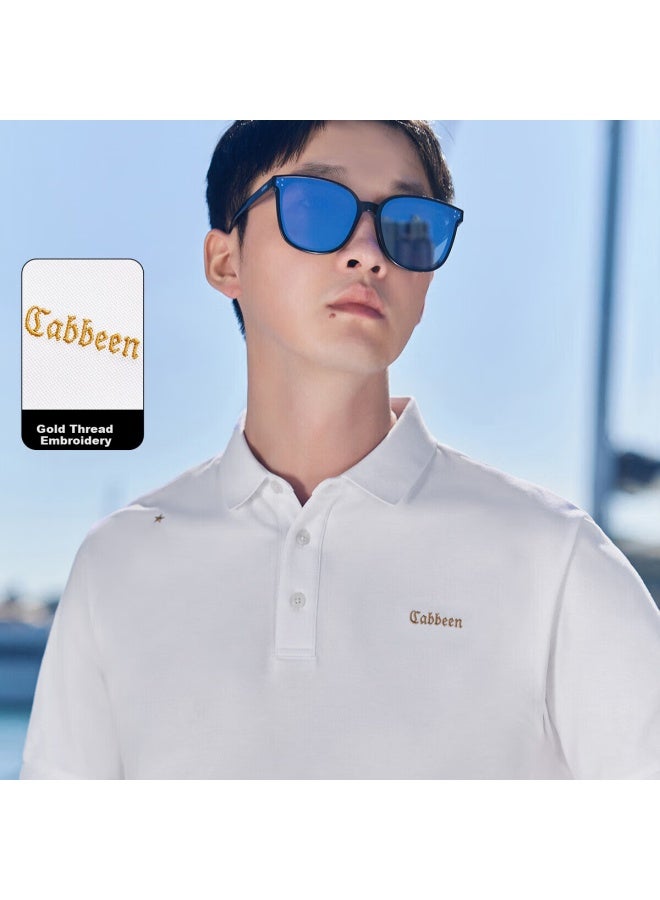Cabbeen Cool Feeling Gold Thread Embroidered Short Sleeve T-shirt Simple Black And White Polo Shirt Bleached White 02 52/180/xl - Image 1