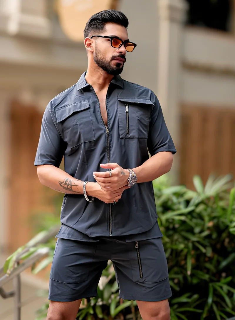 مانياك طقم رجالي رمادي داكن بسحاب أمامي نايلون مقاس كبير