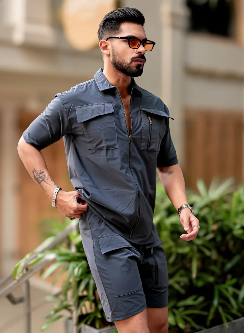 مانياك طقم رجالي رمادي داكن بسحاب أمامي نايلون مقاس كبير