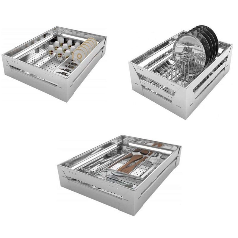 PN BASKET PN BASKET 202 Stainless Steel Modular Kitchen Basket perforated 4 Cup Saucer 4 Cutlery 8 Thali set of 318 Inch Width 20 Inch Depth Silver  - Image 1