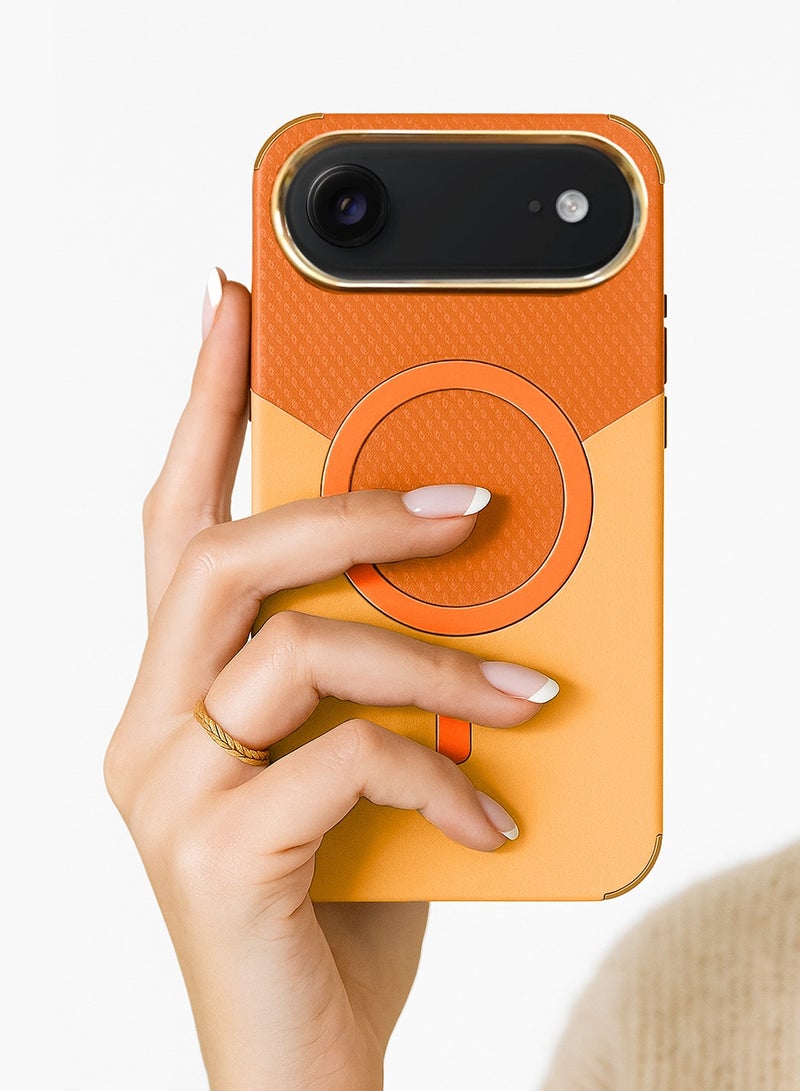 Wtech Apple iPhone Air 5G 2025 Luxury Double Color Leather Magsafe Magnetic Protective Case Cover (MCMPMN) - Orange - Image 3