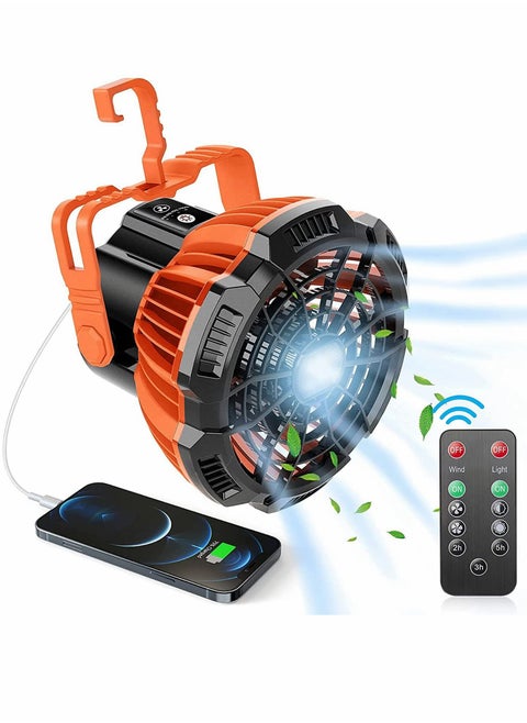 Portable Camping Fan for Tent USB Rechargeable with Emergency Light Desk Table Fan 180° Head Rotation Ceiling Tent Fan with Remote for Picnic Outdoor Camping BBQ Car Home Office
