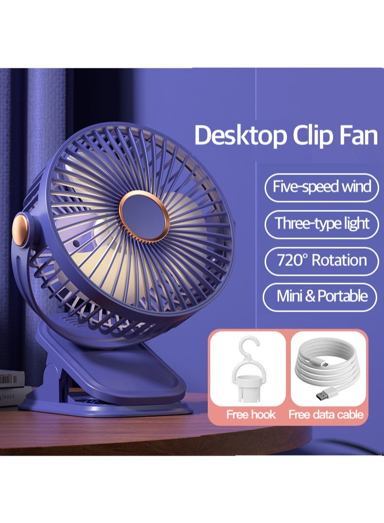 مروحة مكتب صغيرة محمولة بمشبك مع رأس اهتزاز، قابلة لإعادة الشحن عبر USB بخمس سرعات فائقة الهدوء مروحة مكتب صغيرة محمولة باليد لتبريد الأماكن المغلقة والمفتوحة  - Image 1