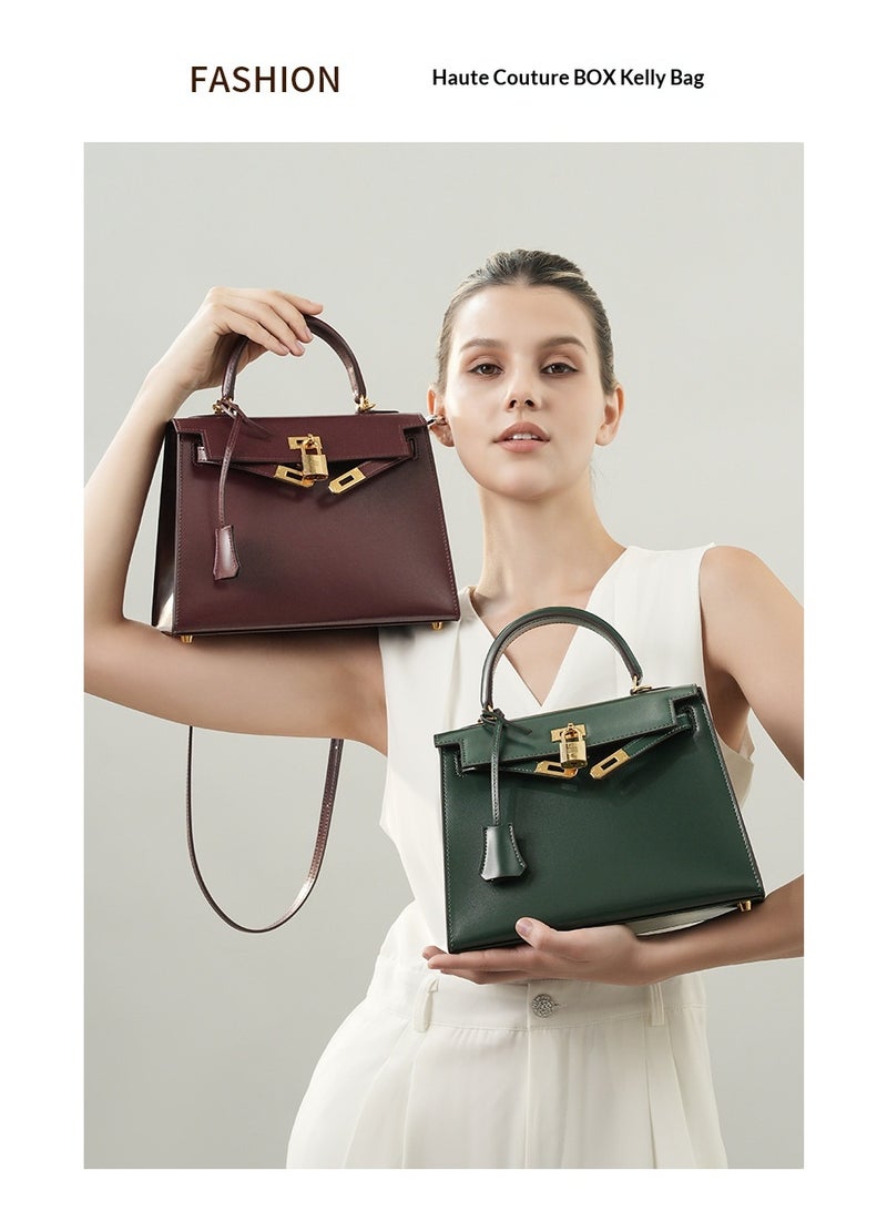 Genuine Box Cowhide Leather Kelly Bag for Women, Elegant Crossbody Shoulder Handbag, Multiple Compartments, 10 Colors Available - Image 2