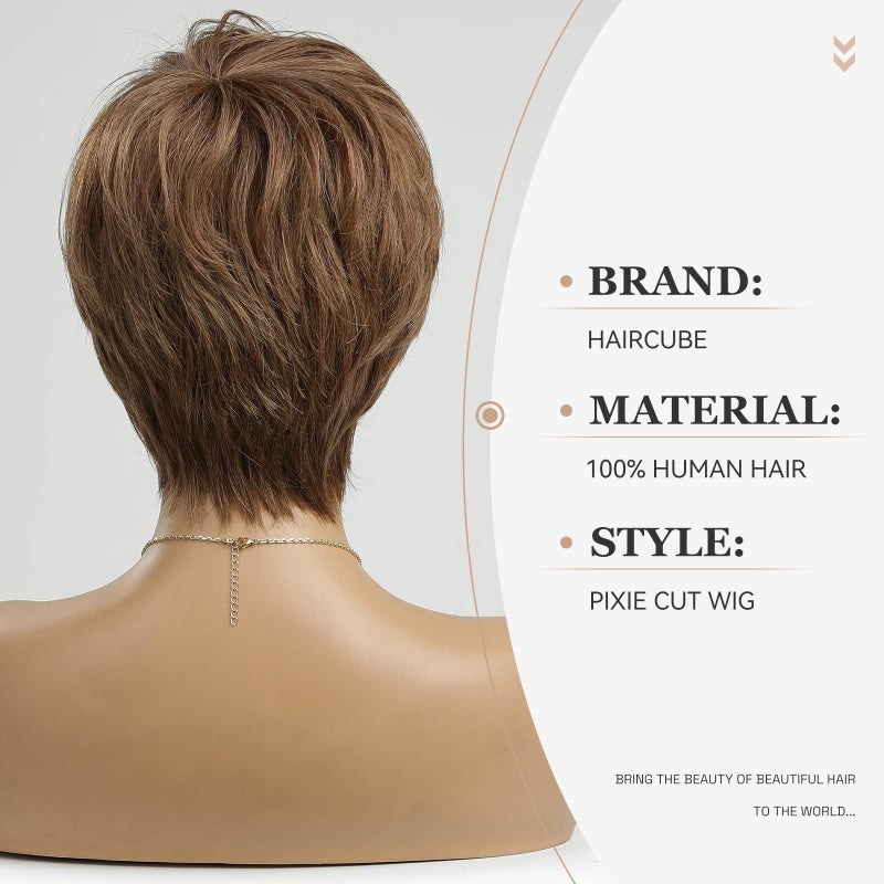 Haircube باروكة HAIRCUBE قصيرة بلون بني محمص 100% شعر بشري للنساء، باروكة كيرلي بقصة بيكسي مع غرة، باروكة بدون لاصق للاستخدام اليومي الطبيعي - Image 4