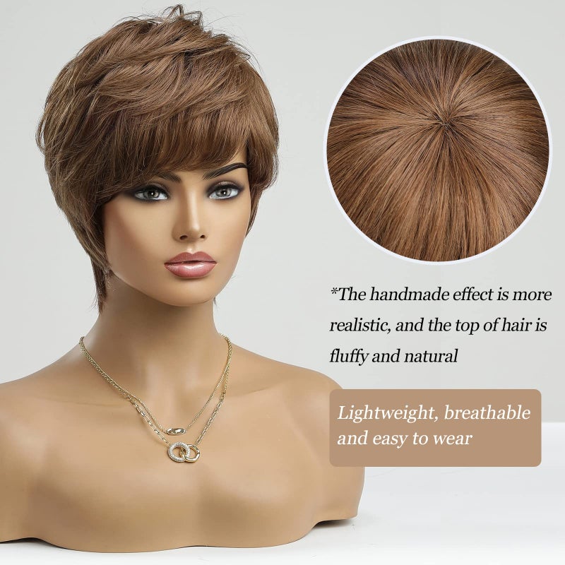 Haircube باروكة HAIRCUBE قصيرة بلون بني محمص 100% شعر بشري للنساء، باروكة كيرلي بقصة بيكسي مع غرة، باروكة بدون لاصق للاستخدام اليومي الطبيعي - Image 2