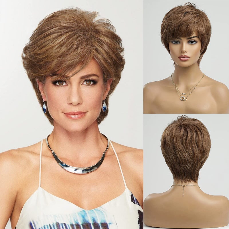 Haircube باروكة HAIRCUBE قصيرة بلون بني محمص 100% شعر بشري للنساء، باروكة كيرلي بقصة بيكسي مع غرة، باروكة بدون لاصق للاستخدام اليومي الطبيعي - Image 1