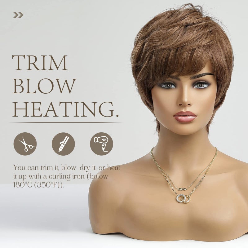 Haircube باروكة HAIRCUBE قصيرة بلون بني محمص 100% شعر بشري للنساء، باروكة كيرلي بقصة بيكسي مع غرة، باروكة بدون لاصق للاستخدام اليومي الطبيعي - Image 3